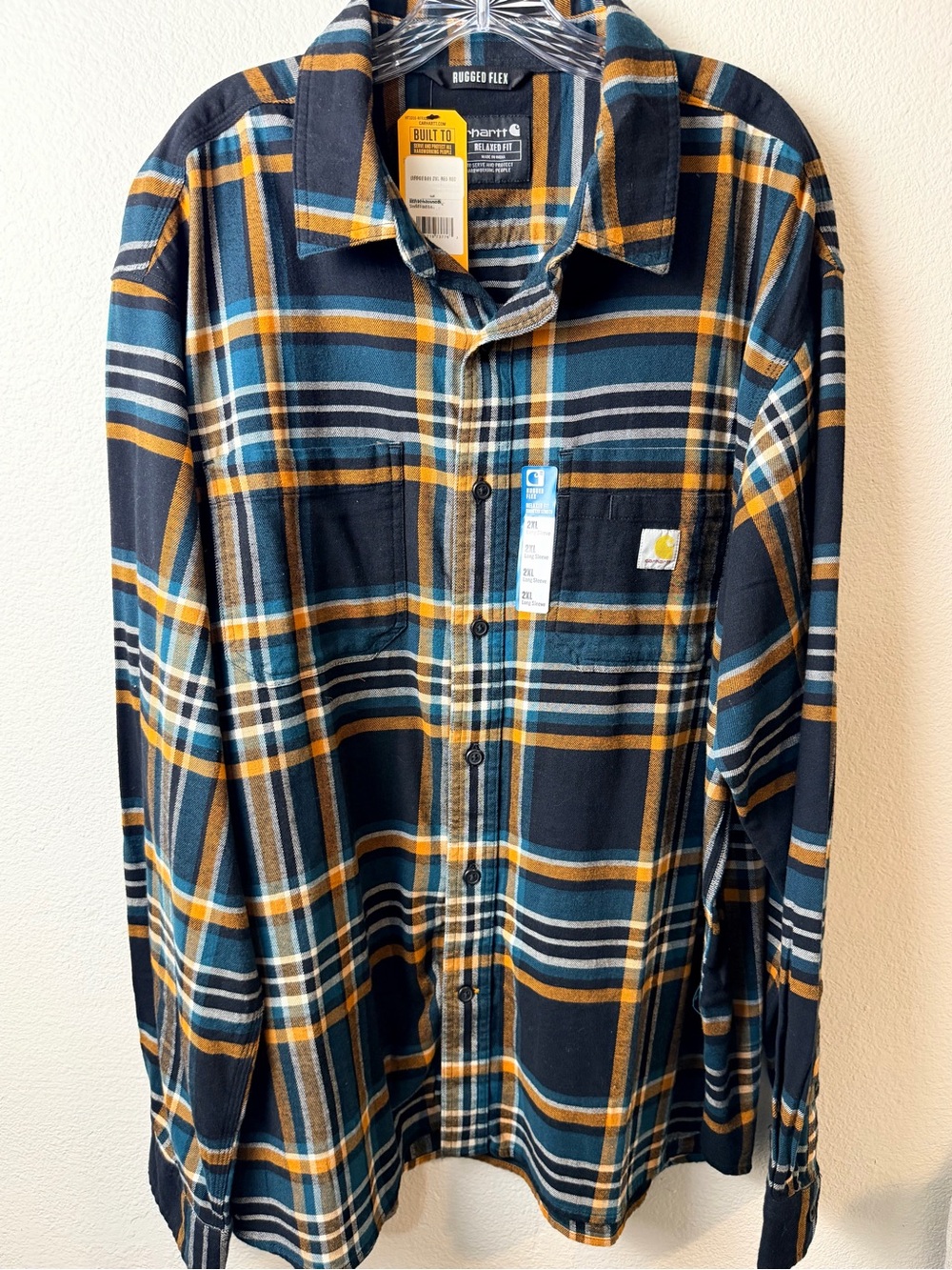 Carhartt Men’s 2XL Rugged Flex Plaid Flannel Shirt Relaxed Fit Blue Orange NWT